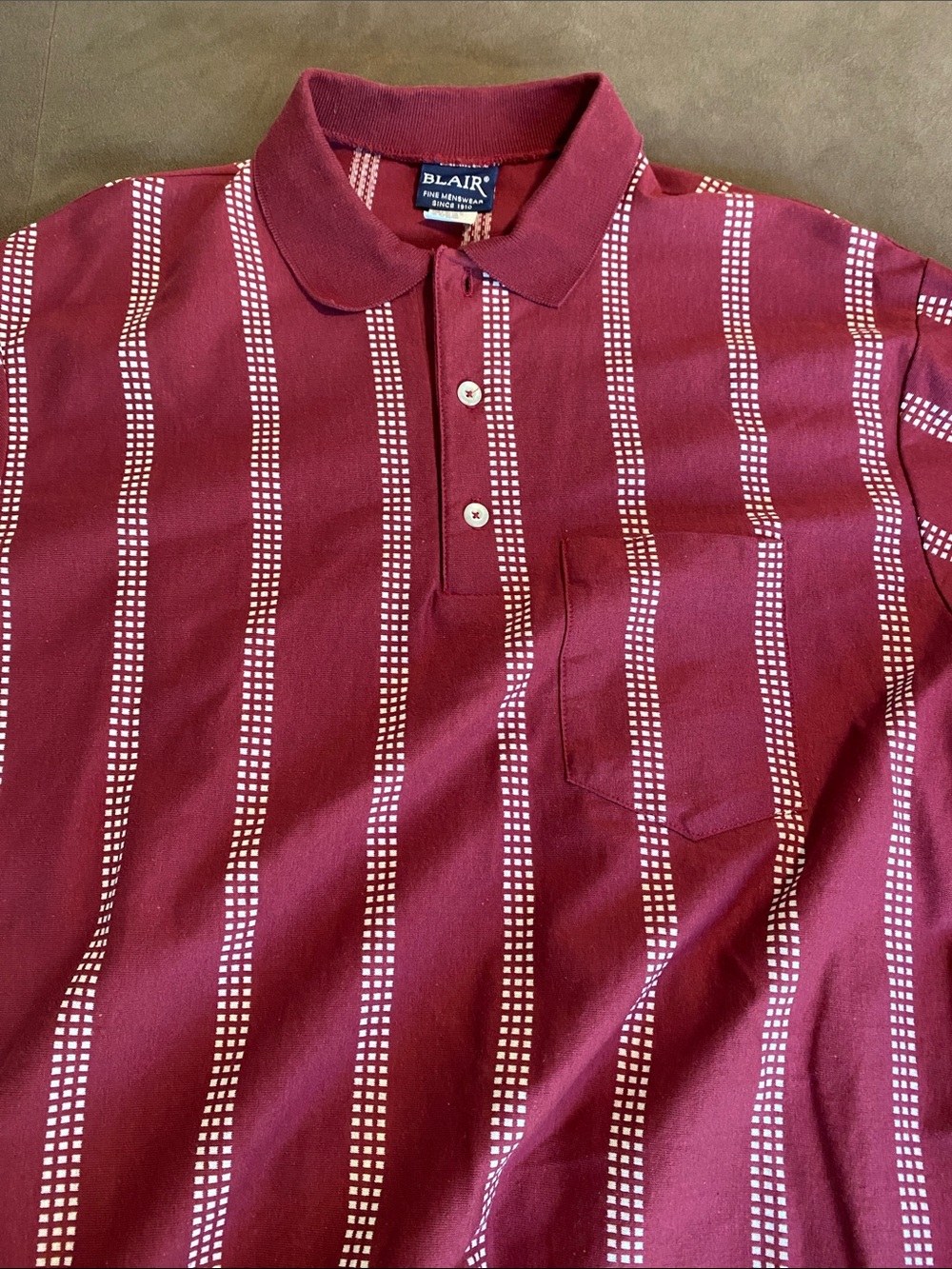 Vintage John Blair Vertical Striped Knit Polo Shirt Burgundy Retro Banded Bottom
